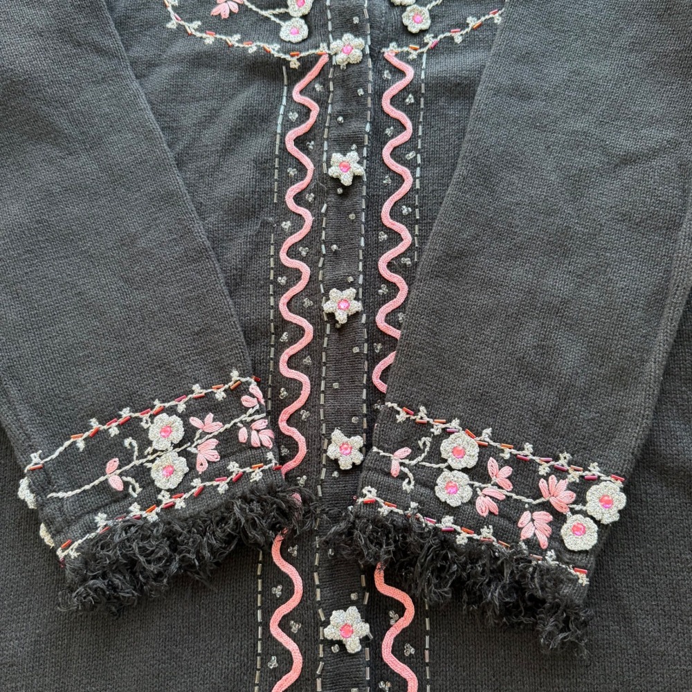 Storybook Knits Vintage M Black Floral Beads Fringe Cardigan Sweater Cottagecore - Picture 12 of 16